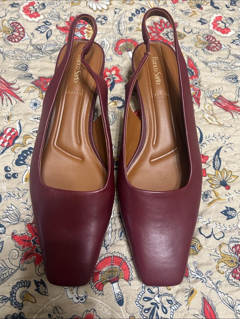 Franco Sarto Burgundy Leather Square-Toe Slingback Flats